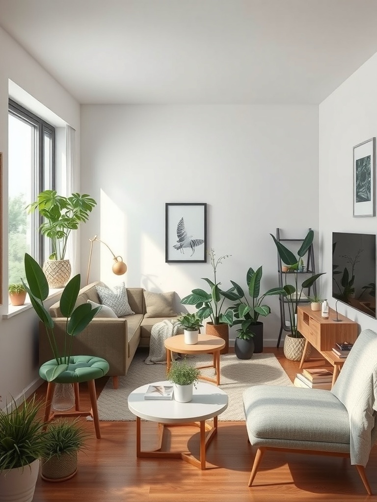A small apartment living room featuring various indoor plants, a comfortable sofa, and stylish furniture.
