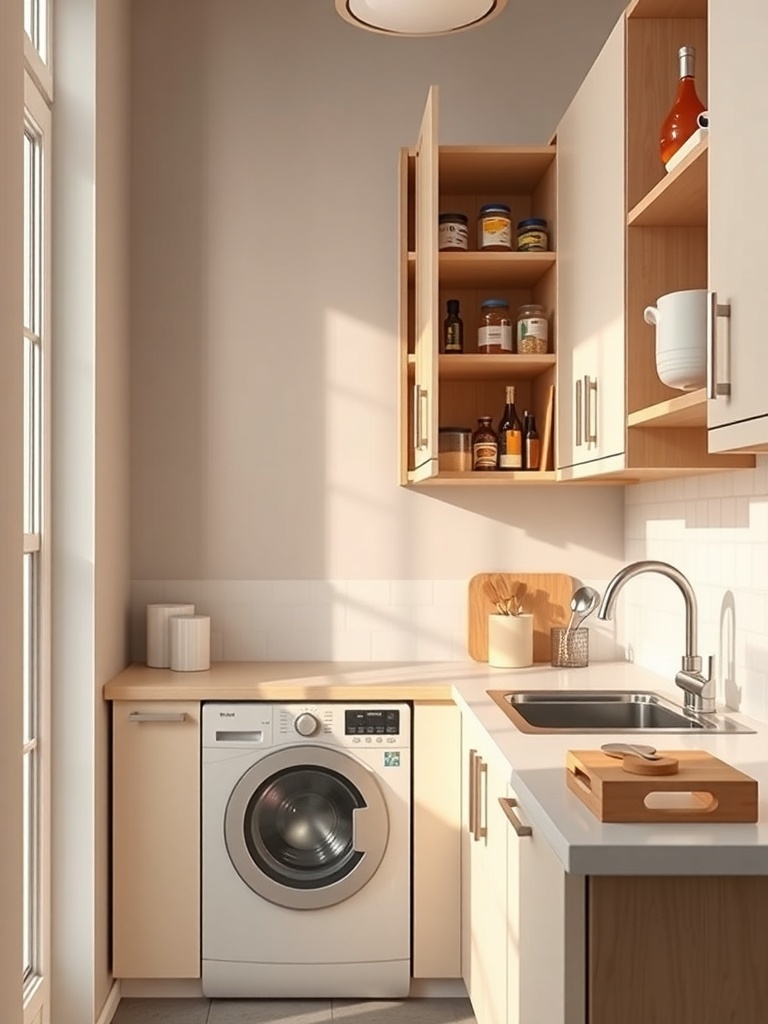 A small apartment kitchen featuring pull-out cabinets for efficient storage.