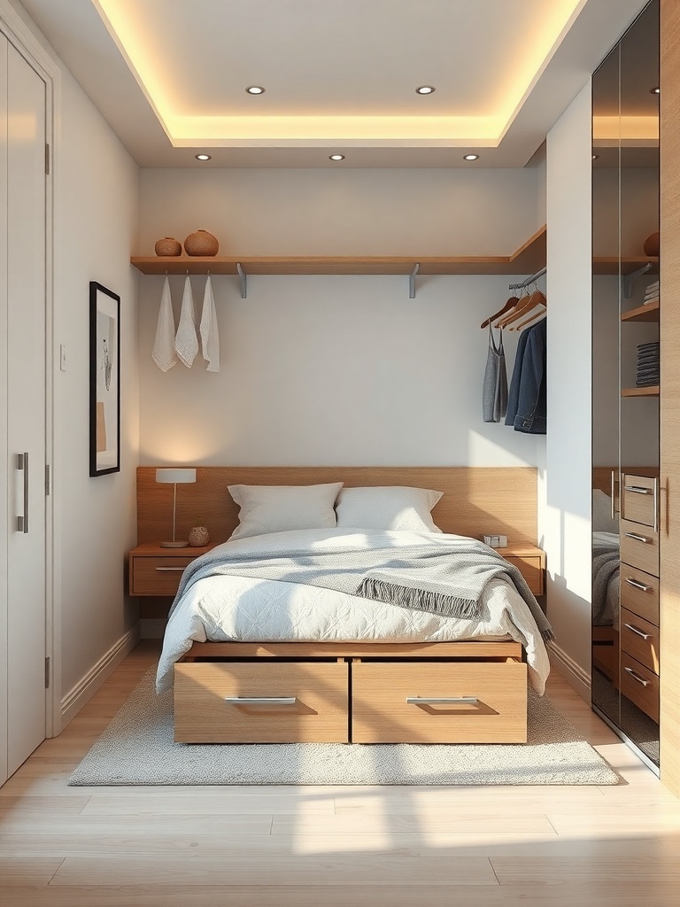 A small bedroom featuring a bed with storage drawers, wall-mounted shelves, and mirrored cabinets.