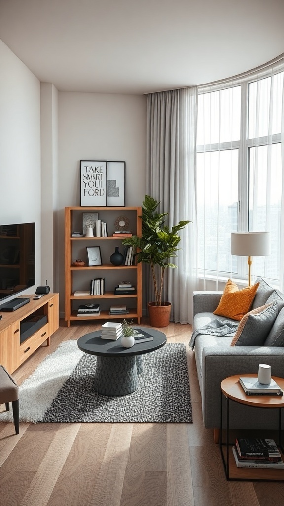 A modern small living room featuring smart technology and stylish decor.