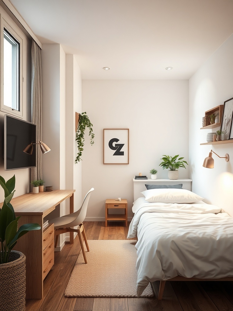 A cozy small apartment bedroom featuring soft lighting, a bed with white linens, a wooden desk, and plants.