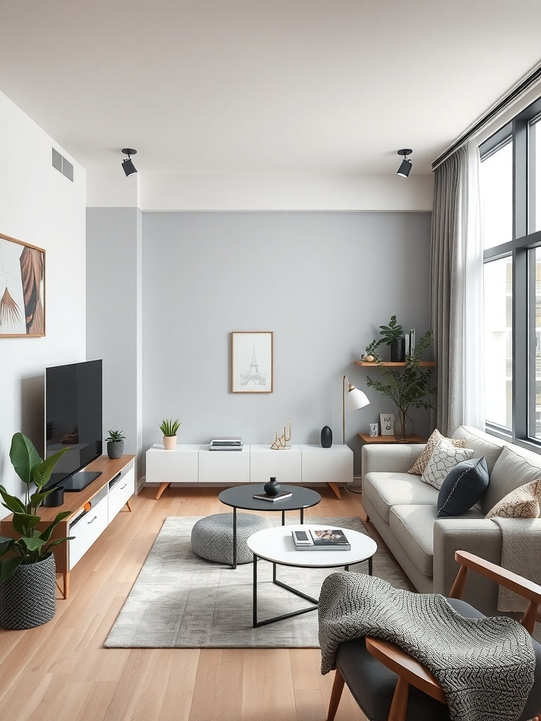 A modern small living room featuring a TV, stylish furniture, and plants.