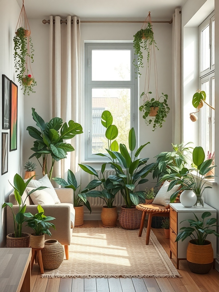 A cozy living room filled with various indoor plants, creating a lively atmosphere.