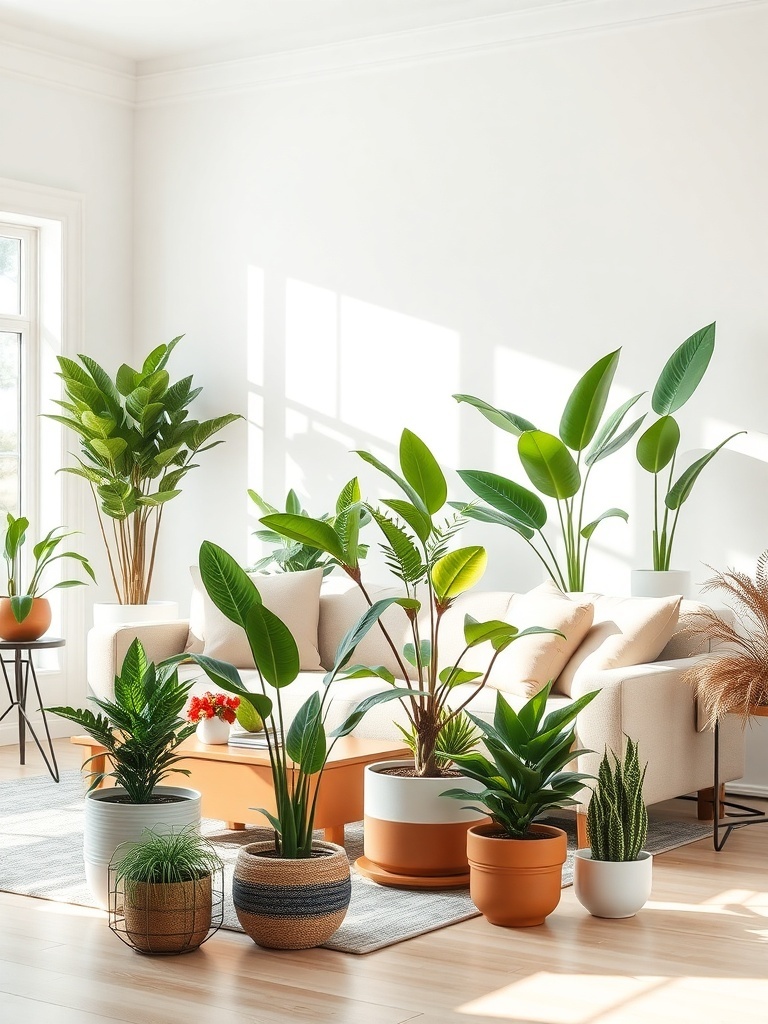 A bright living room filled with various indoor plants in stylish pots, showcasing a cozy and fresh atmosphere.
