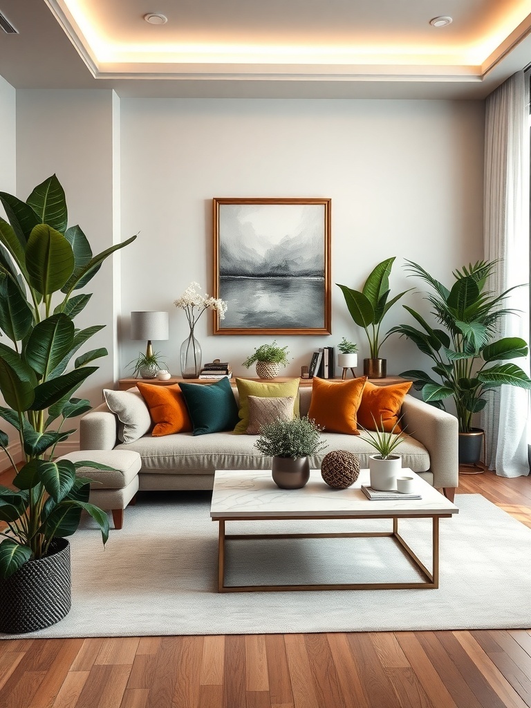 A stylish living room featuring a beige sofa with colorful cushions, a marble coffee table, and various indoor plants creating a fresh and inviting atmosphere.