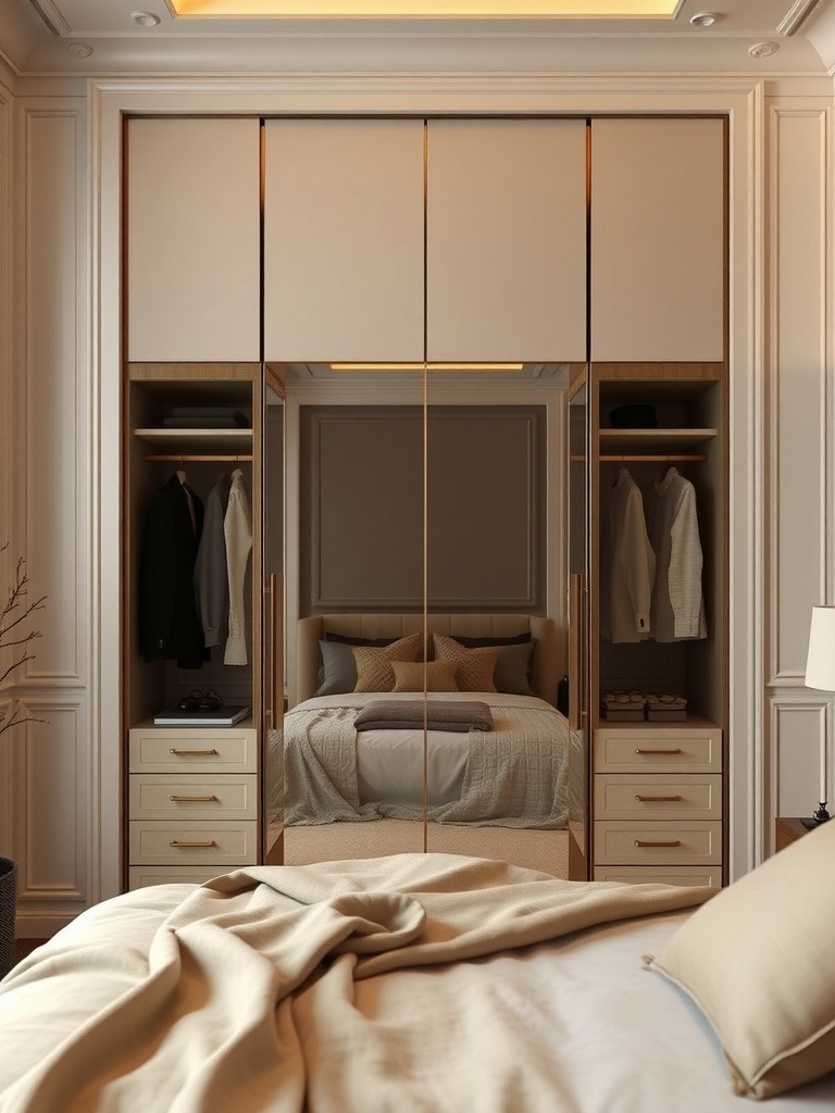 A stylish closet with mirrored doors reflecting a cozy bedroom.