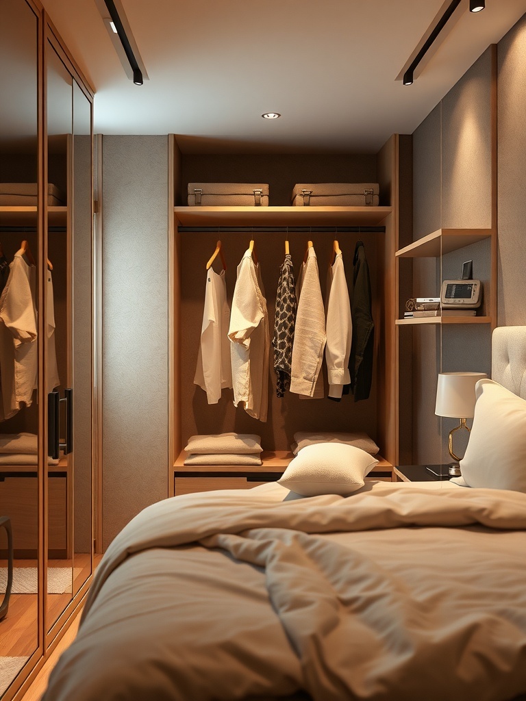 A modern closet with a pull-down rod, showcasing neatly hung clothes and organized storage.