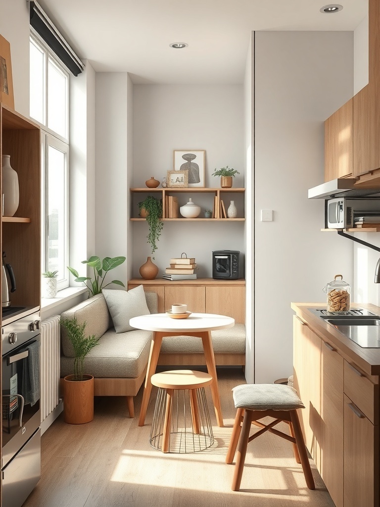Cozy integrated dining nook in a small apartment kitchen with a round table and comfortable seating.