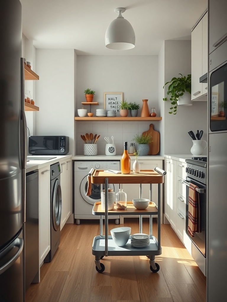 A small kitchen featuring a rolling cart with dishes and bottles, showcasing a modern and functional design.