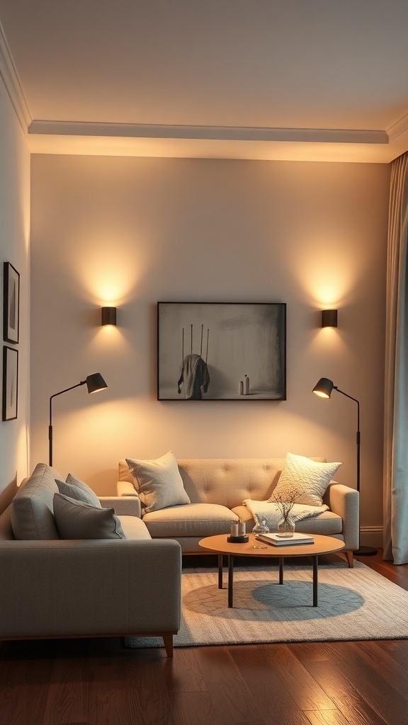 Cozy small living room with warm lighting and minimalist decor
