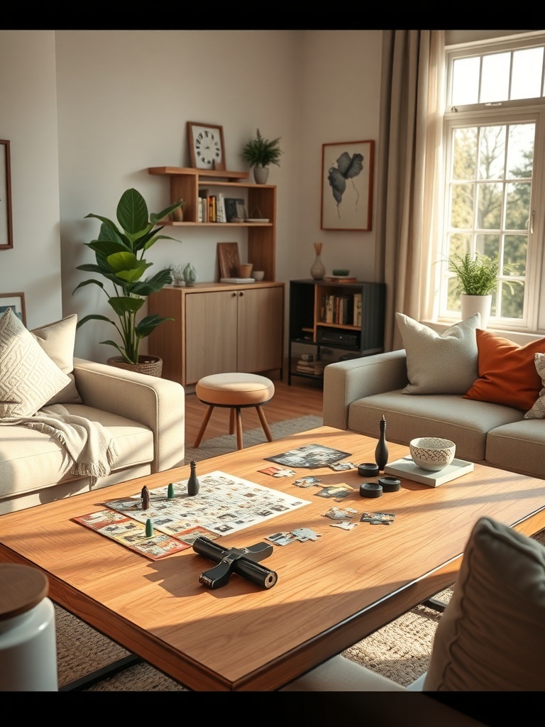 A cozy living room with a coffee table featuring a game board and puzzle pieces, inviting interaction and fun.