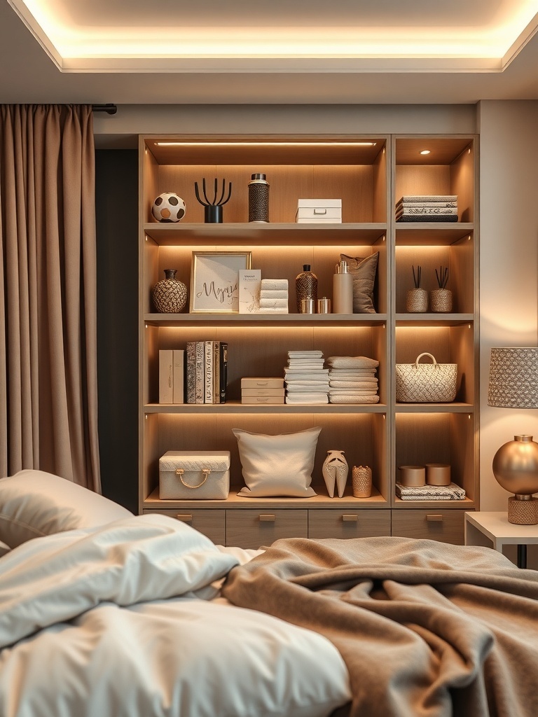 A well-organized shelf in a closet with labeled items for easy access.