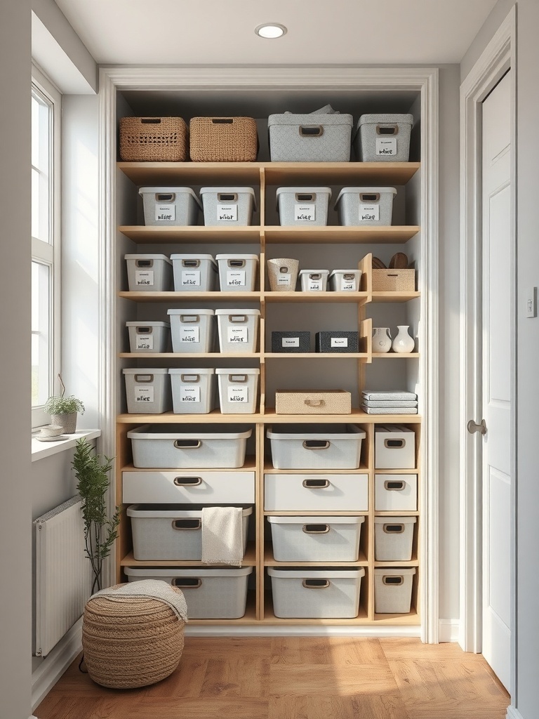 Organized closet with labeled storage bins and shelves.
