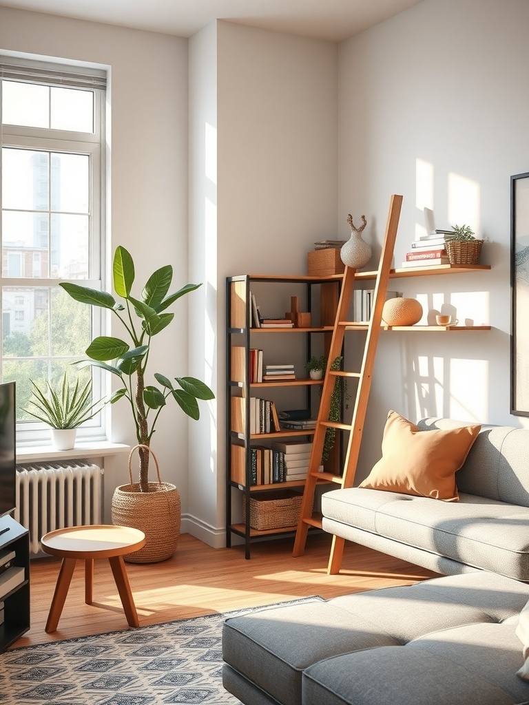 A cozy living room featuring a ladder shelf with books and decor, a plant, and a comfortable sofa.