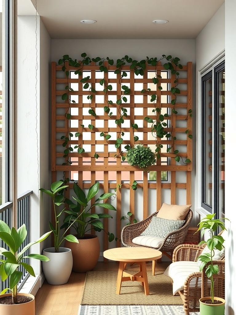 A small balcony featuring a wooden lattice trellis with climbing plants, surrounded by potted greenery and comfortable seating.