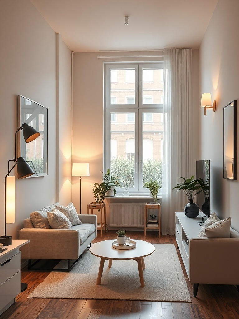 Cozy living room with layered lighting, featuring floor lamps and wall sconces.