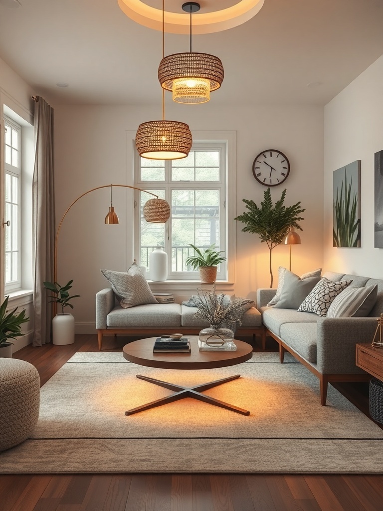 A cozy small living room with layered lighting featuring pendant lights, a floor lamp, and a table lamp, complemented by plants and stylish decor.