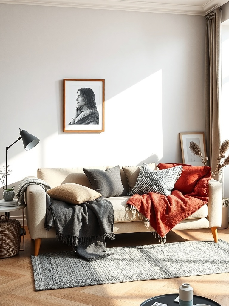A cozy living room with a sofa layered with cushions and throws, featuring a stylish rug and a framed portrait on the wall.