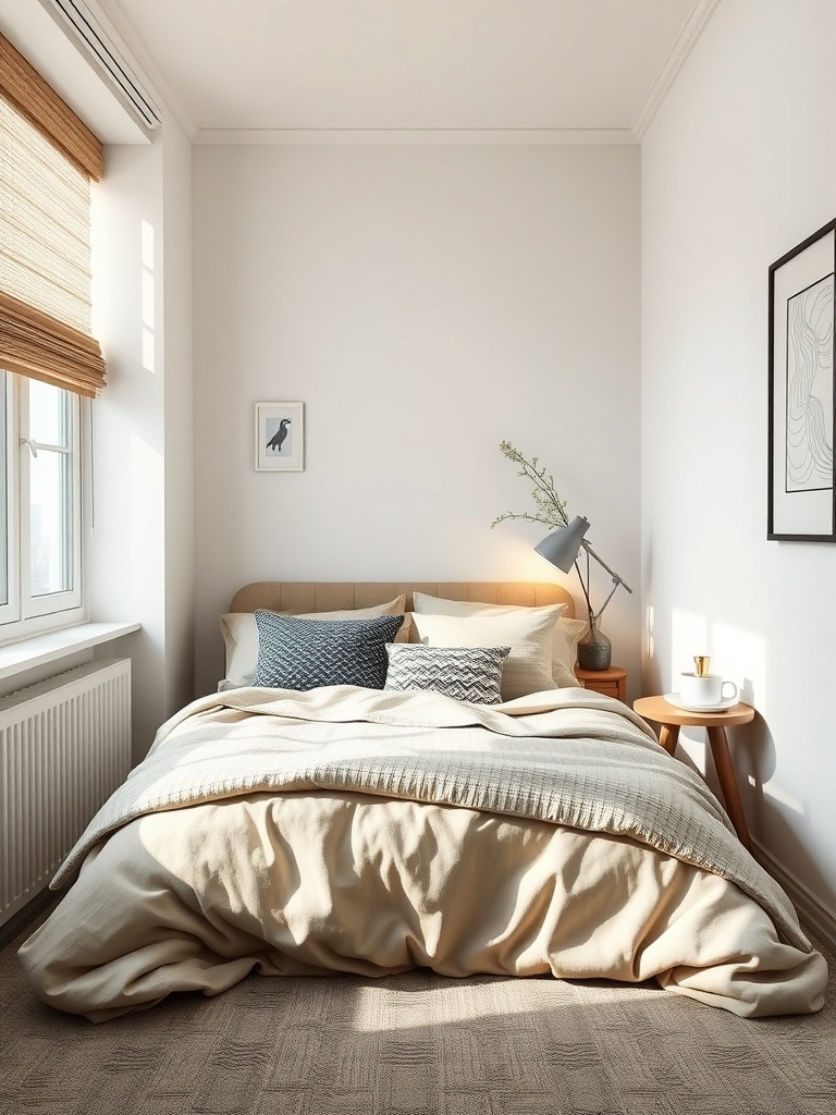 A cozy small apartment bedroom featuring layered textiles on the bed, including a neutral duvet, patterned pillows, and a chunky knit throw.