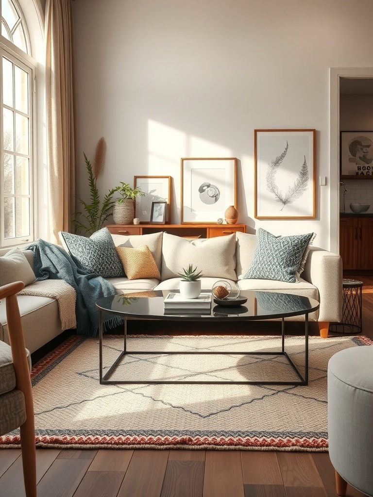 Cozy small living room with layered textures from throws and cushions on a sofa