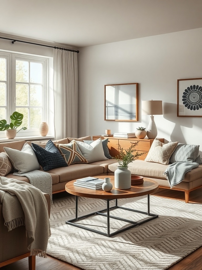 A cozy small living room with a layered textile arrangement on a sofa, featuring various patterned cushions and a wooden coffee table.