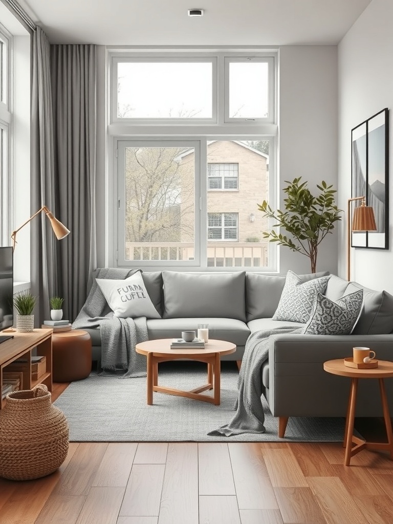 A cozy small apartment living room with layered textures including cushions, a throw, and a woven basket.