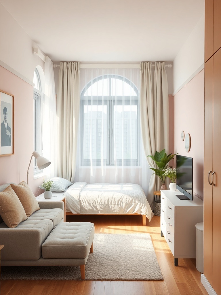 A small bedroom with light color palettes, featuring a bed, sofa, and large window with sheer curtains.