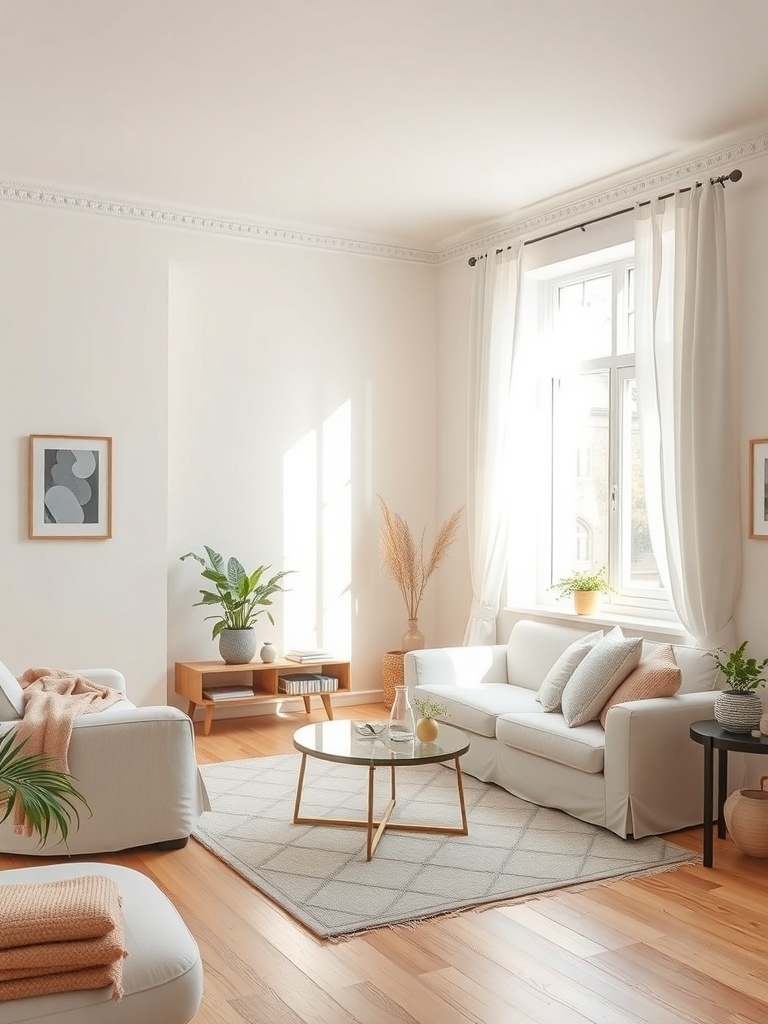 Bright and airy small living room with light color palette