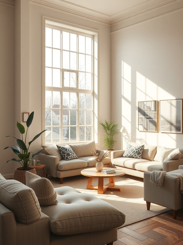 A bright and airy living room with large windows, light-colored furniture, and plants.