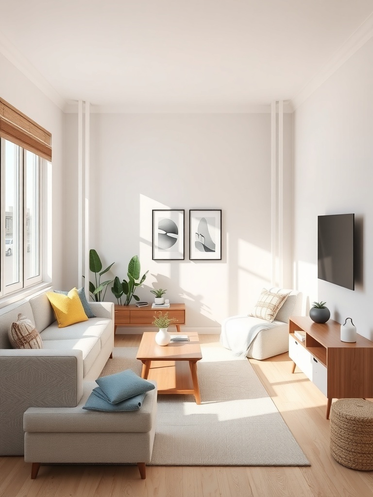 A small living room with light color palette, featuring a sofa, wooden furniture, and plants.