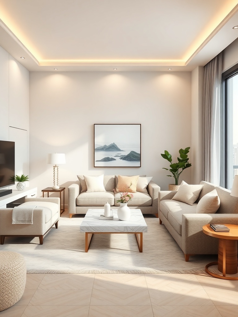 A small living room with light neutral colors, featuring beige furniture, a marble coffee table, and green plants.