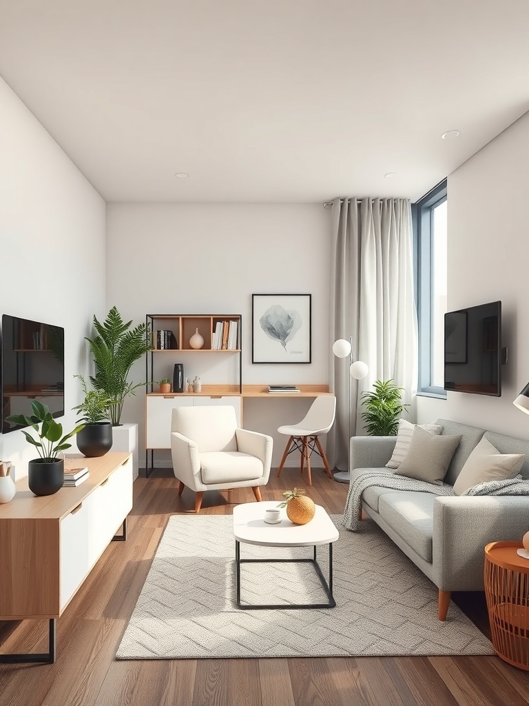 A stylish apartment living room featuring lightweight decor elements like plants, pillows, and wall art.