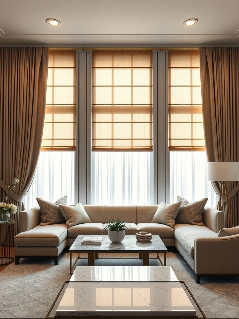 Luxurious living room with elegant window treatments featuring soft drapes and roman shades.