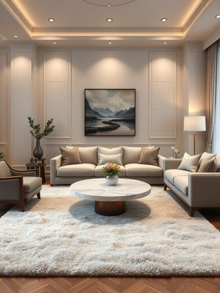 A luxurious living room featuring a plush rug, elegant furniture, and a marble coffee table.
