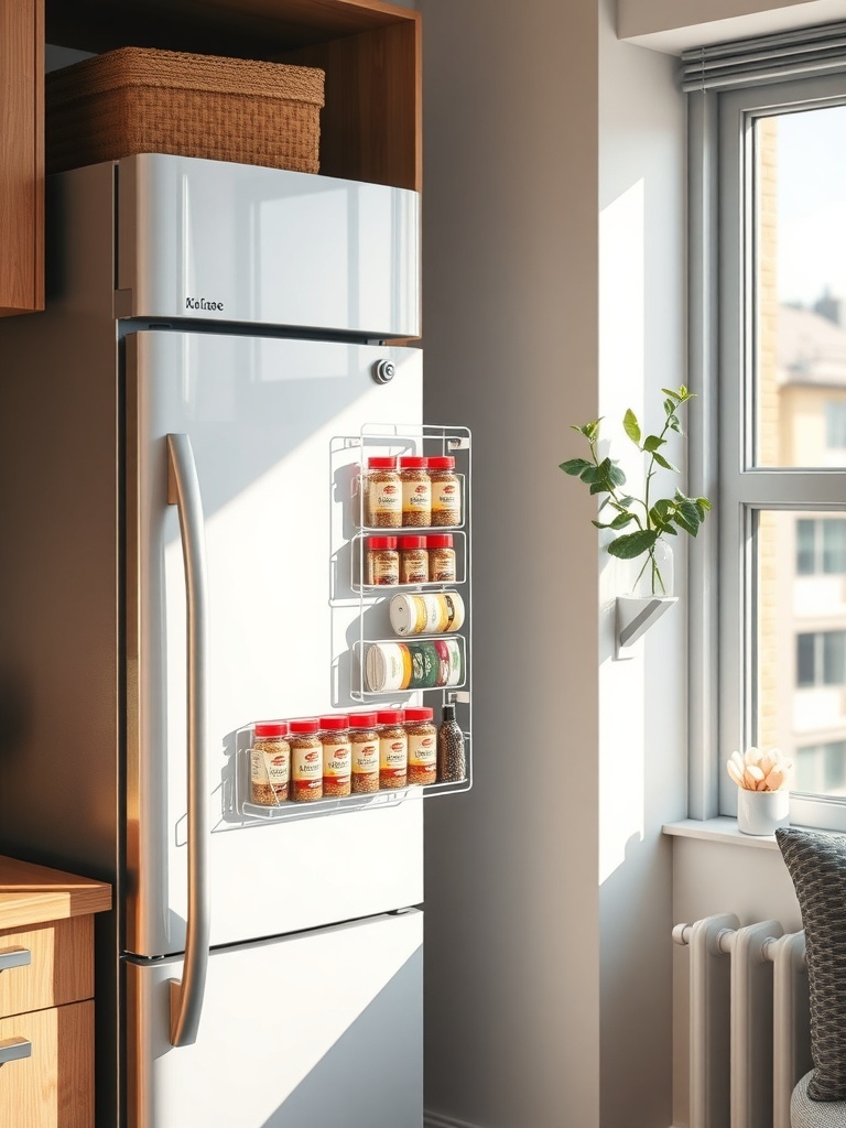 A magnetic spice rack attached to a refrigerator, displaying various spice jars.