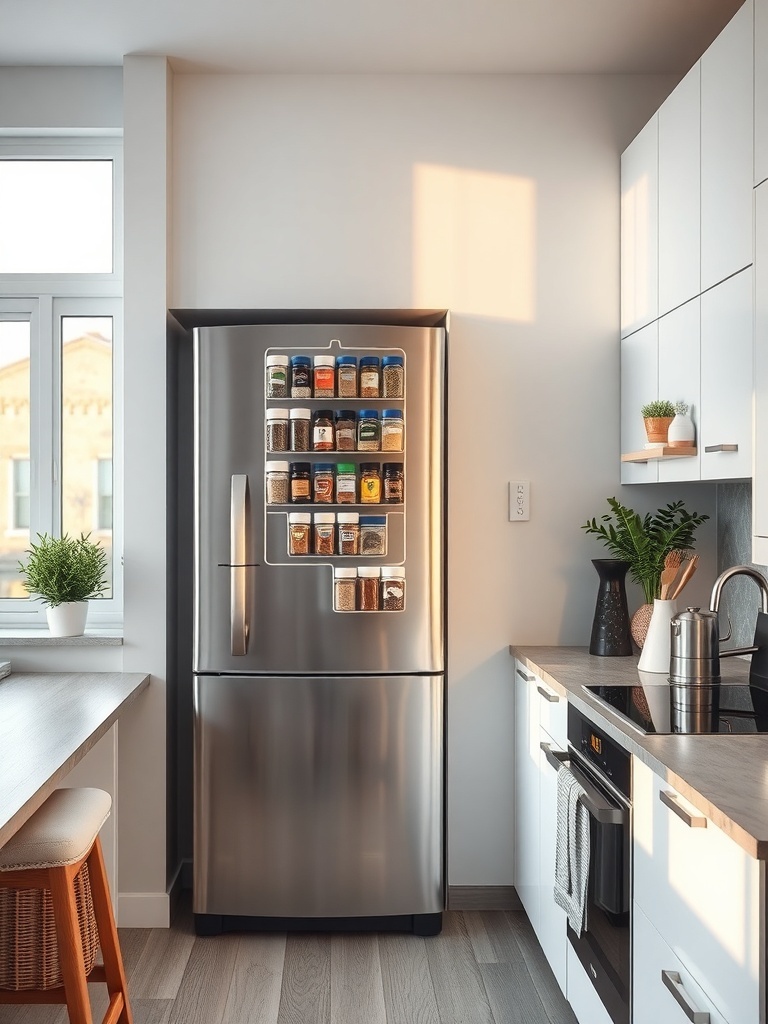 A magnetic spice rack attached to a refrigerator, showcasing various spice jars.