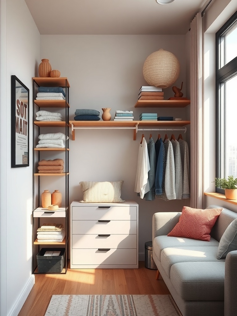 A cozy corner closet with shelves, a dresser, and a comfortable couch.