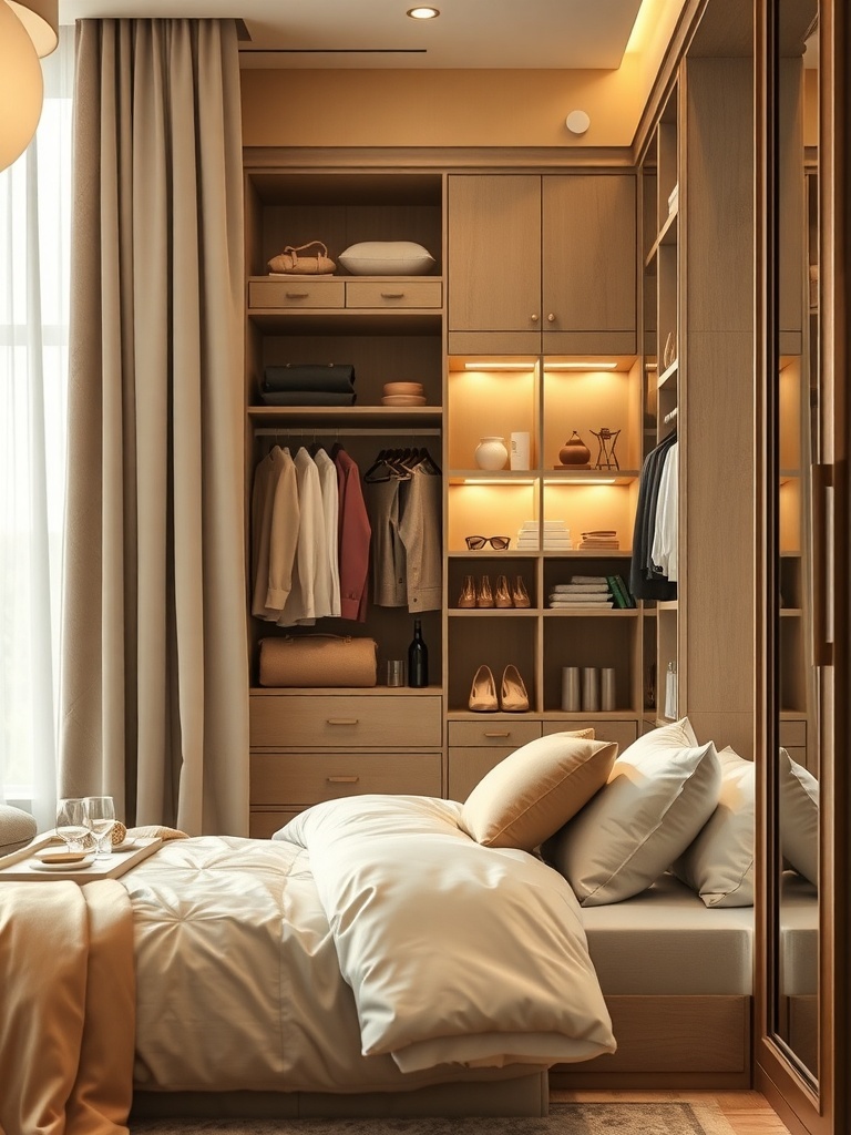 A well-organized closet with shelves, clothing, and a cozy atmosphere.