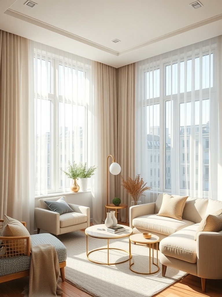 Bright and airy small condo living room with large windows and light-colored furniture