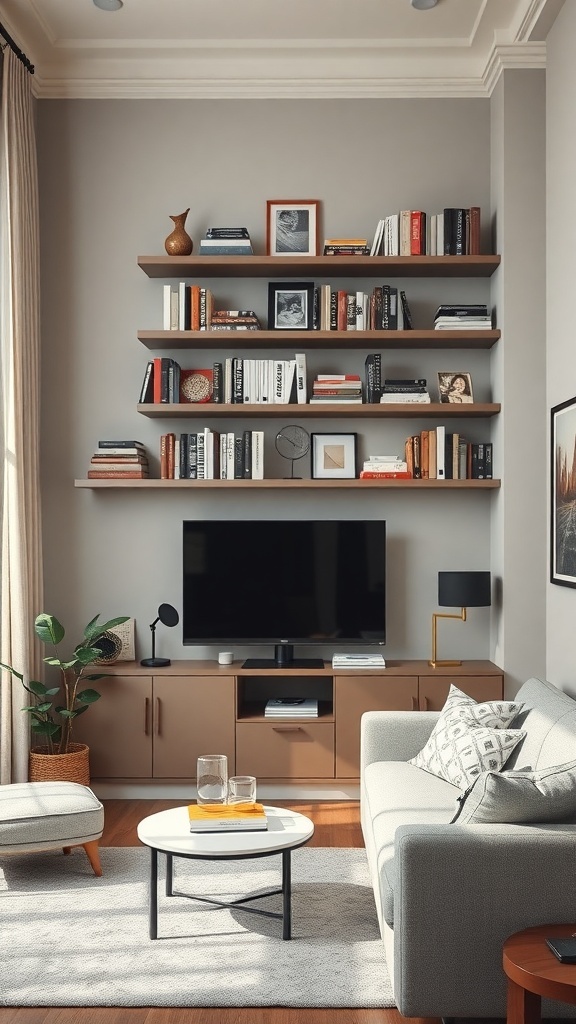 A cozy living room with floating shelves filled with books and decor items.
