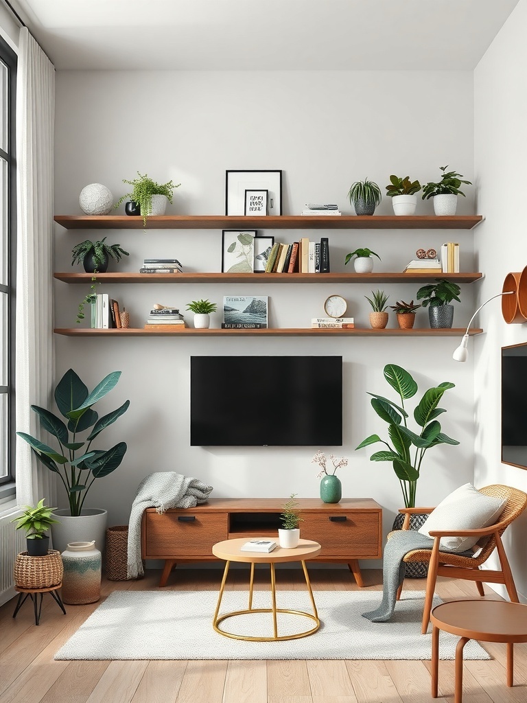 A cozy living room with wooden shelves displaying plants and books, featuring a TV and a media console.