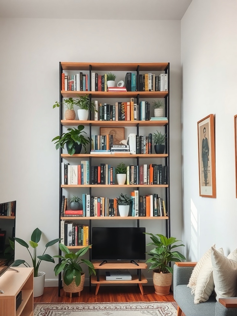 Stylish shelving unit in a small living room filled with books and plants.
