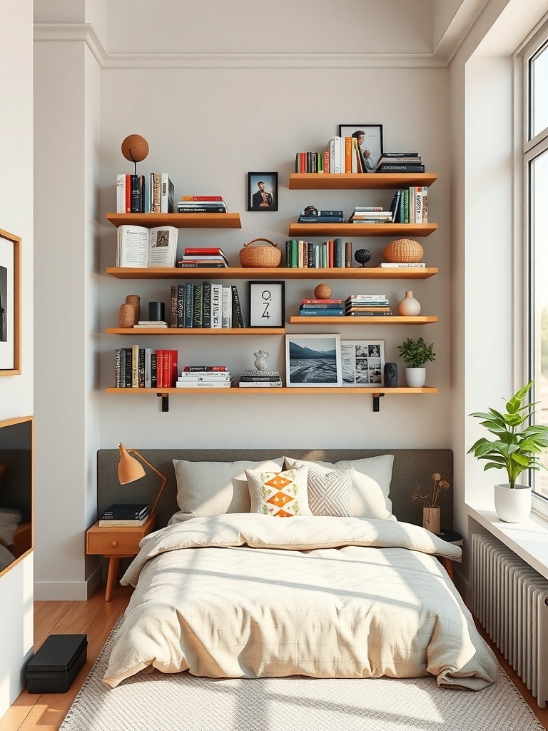 A small bedroom featuring wooden shelving above the bed, displaying books and decorative items.