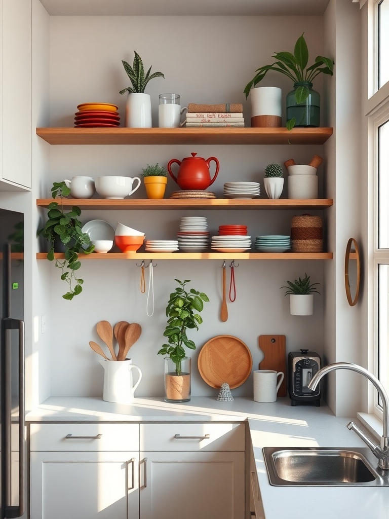 A small apartment kitchen featuring open shelving with colorful dishes, plants, and kitchen utensils.