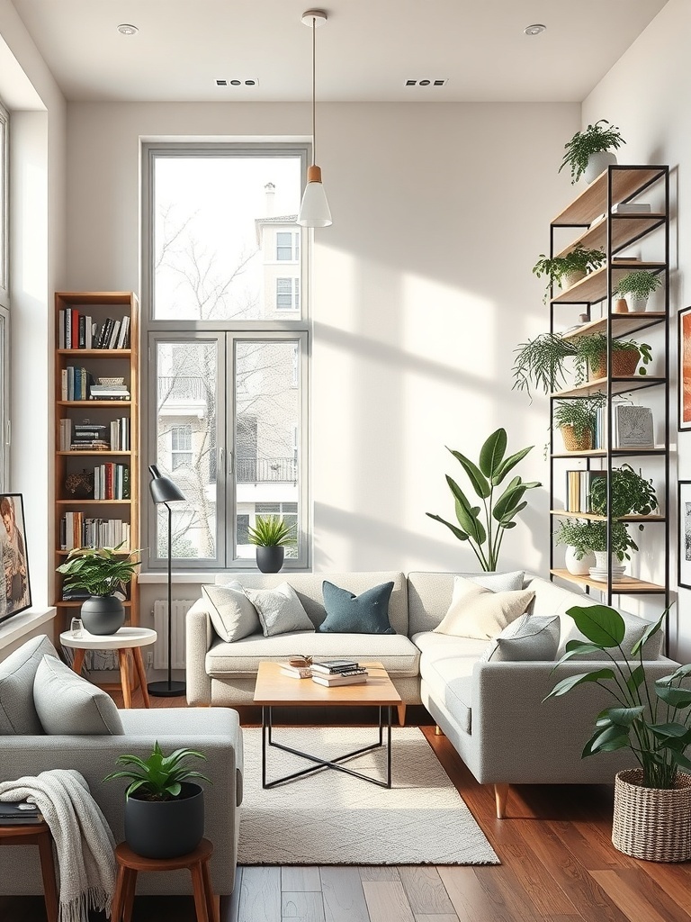 A small living room featuring vertical shelving with plants and books.
