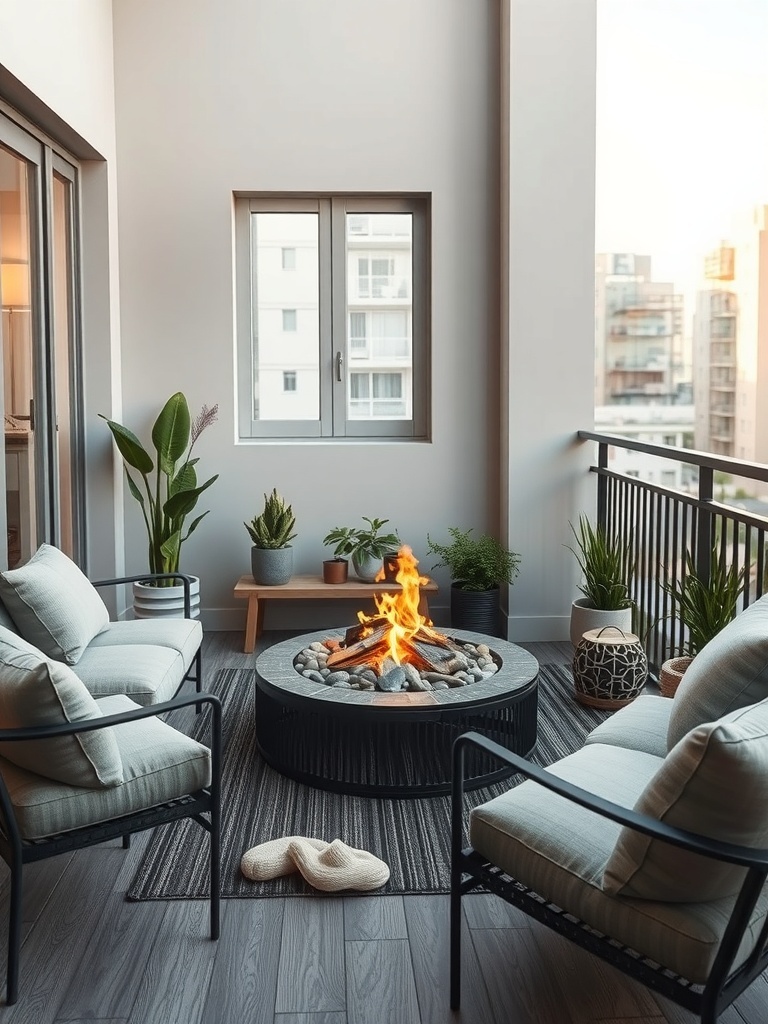 A cozy balcony featuring a miniature fire pit surrounded by comfortable seating and plants.