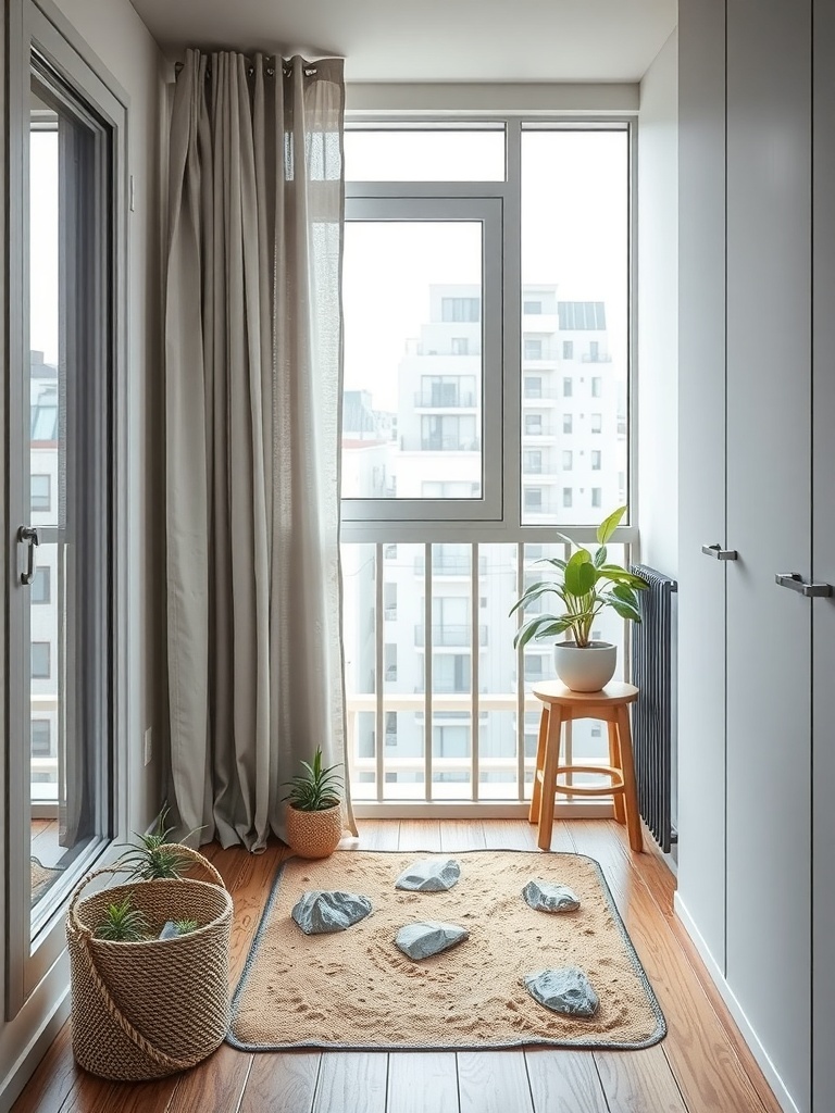 A cozy miniature Zen garden with sand, rocks, and potted plants on a balcony.