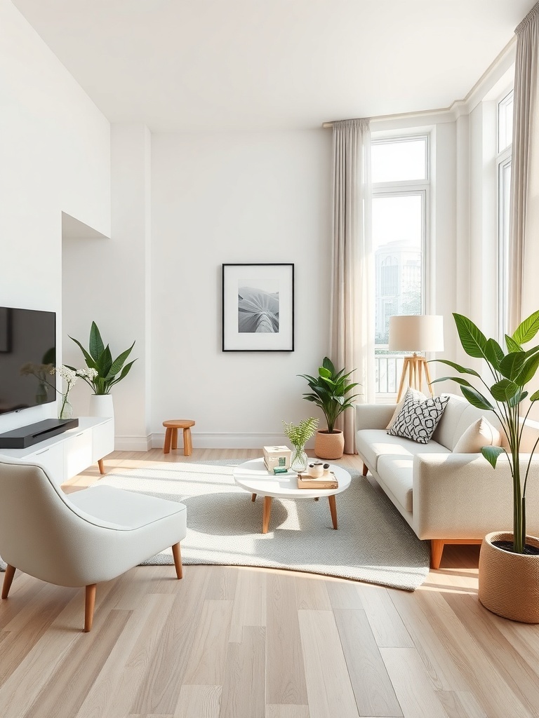 A minimalist living room with light colors, plants, and simple furniture.