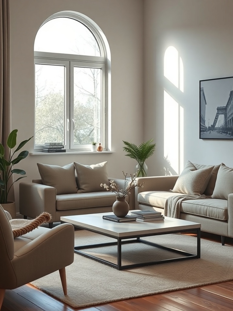 A minimalist living room with a coffee table, neutral furniture, and plants.