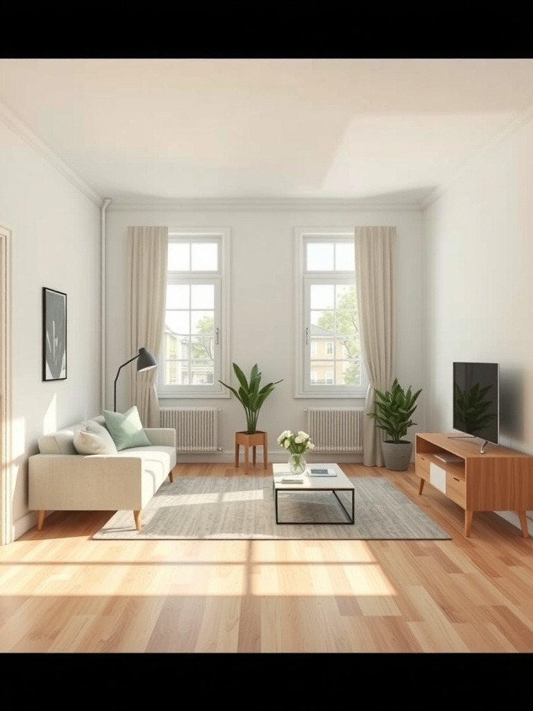 A minimalist living room with a light color palette, simple furniture, and plants.